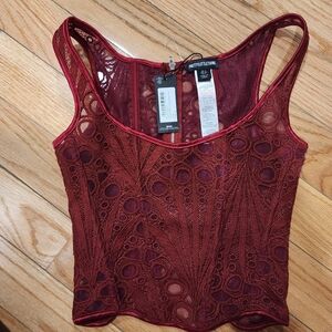 PrettyLittleThing Burgundy Textured Sheer Floral Square Neck Corset
